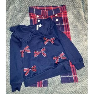 Janie and Jack Girls 2T Tartan Bow Sweatshirt and Plaid Pants Set Dark Marine